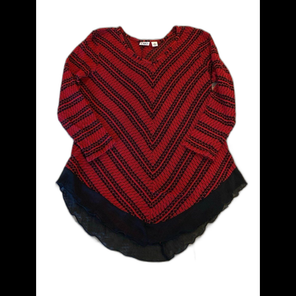 Cato Sweater Top Size XL V Neck Lightweight Red Pattern Hi Low Sheer Ruffle‎ Hem